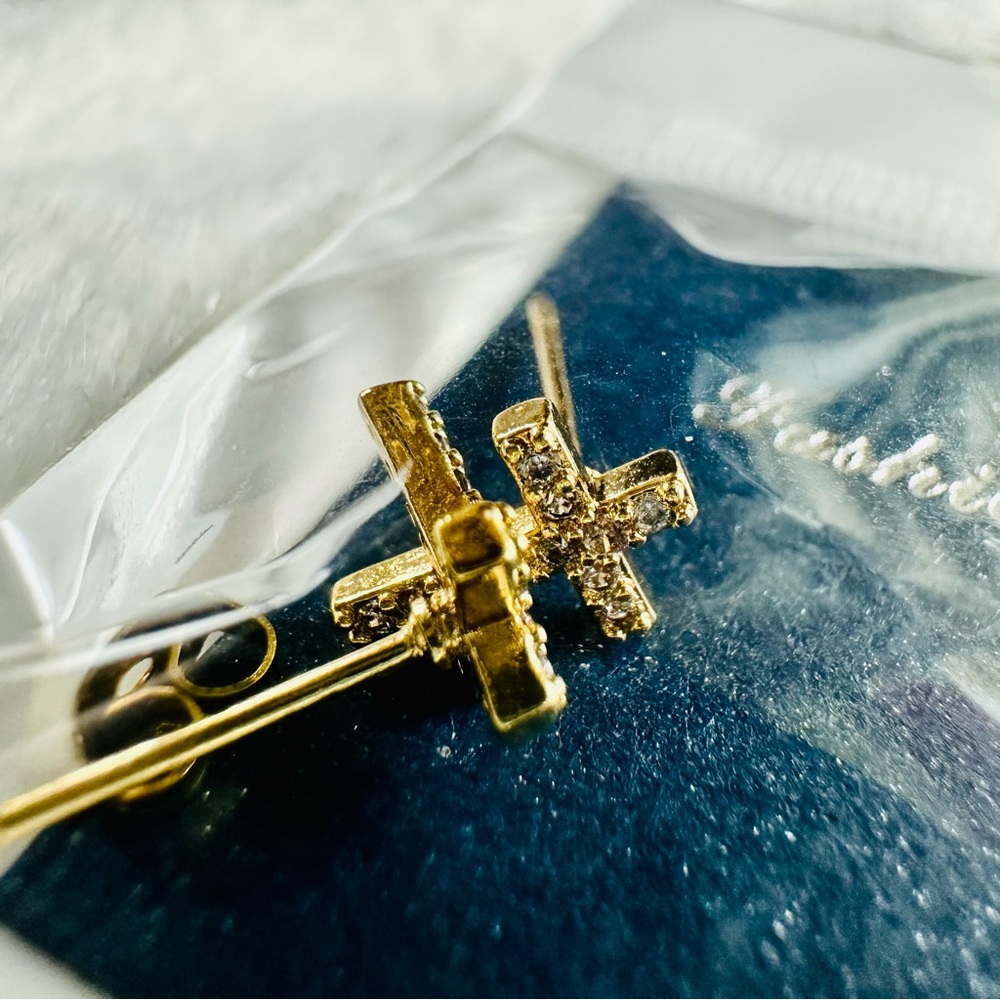 14K Gold Plated CZ Inlay Christian Cross Small Stud Earrings Baby Girl Women New - Picture 9 of 14